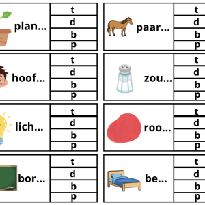 Spel knijpkaarten woorden die eindigen  t/d/p/b (zelfcorrigerend)